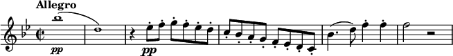 
\relative c''' {
  \tempo "Allegro"
  \tempo 2 = 90
  \set Staff.midiInstrument = #"violin"
  \key bes \major
  \time 2/2
  \tiny bes1\pp (| d,) | \normalsize r4 es8-.\pp f-. g-. f-. es-. d-. | c-. bes-. a-. g-. f-. es-. d-. c-. | bes'4. (d8) f4-. f-. | f2 r
}
