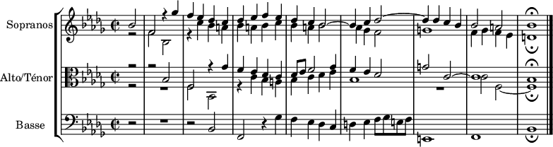 
\version "2.14.2"
\header {
  tagline = ##f
}
global= {
  \time 2/2
  \key bes \minor
  \tempo 2 = 54
  \set Score.currentBarNumber = #67
}

Dux    = { bes2 f r4 ges'4 f ees des c }
Comes = { f2 bes, r4 c'4 bes a bes }

sopranos = \new Voice \relative c'' {
  \set Staff.instrumentName = #"Sopranos"

  \partial 2
  << { \Dux des4 ees f ees des c bes2~ bes4 c des2~ des4 des c bes bes2 a   \tempo 2 = 34 bes1\fermata } \\ { r2 \relative c' { \Comes } a4 bes c bes a bes2 aes4 ges f2 g1 f4 ges f ees d1\fermata } >> \bar "|."

}

altoTenor = \new Voice \relative c' {
  \set Staff.instrumentName = #"Alto/Ténor"
  \clef alto

  << { r2 r2  \Dux des8 ees f2 ges4 f ees des2 g c,~ c1 bes1\fermata } \\ { r2 R1 \relative c { \Comes } c4 des ees bes1 R1 c2 f,~ f1\fermata } >>
}

basse = \new Voice \relative c {
  \set Staff.instrumentName = #"Basse "
  \clef bass
  r2 R1 r2 \Dux d4 ees f8 ges e f e,1 f bes_\fermata

}

\score {
  \new StaffGroup <<
    \new Staff << \global \sopranos >>
    \new Staff << \global \altoTenor >>
    \new Staff << \global \basse >>
  >>
  \layout {
    \context {
      \Score
      \remove "Metronome_mark_engraver"
    }
  }
  \midi { }
}
