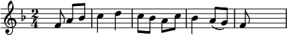 {\set Staff.midiInstrument = #"trumpet" \key f \major \time 2/4 \skip8 f'8 a'8 bes'8 c''4 d''4 c''8 bes'8 a'8 c''8 bes'4 a'8( g'8) f'8 \skip8 \skip4}