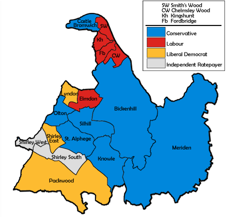 Map of the results for the 1991 Solihull council election. Solihull UK local election 1991 map.png