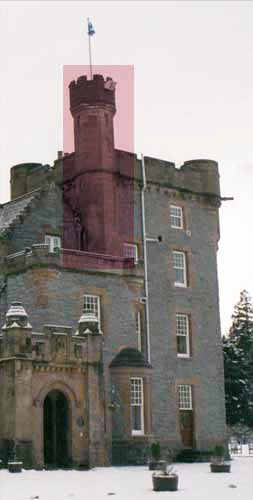 Turret (highlighted in red) attached to a tower on a baronial building in Scotland Turret (architecture) 1.jpg