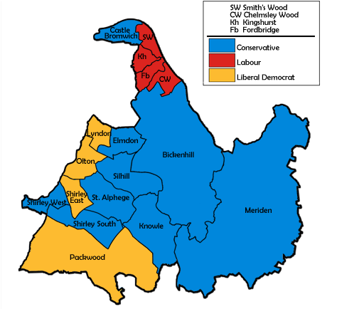 Map of the results for the 1999 Solihull council election. Solihull UK local election 1999 map.png