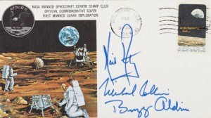 Buzz Aldrin's Apollo 11 insurance cover, postmarked July 20, 1969, and signed by Neil Armstrong, Michael Collins, and Buzz Aldrin