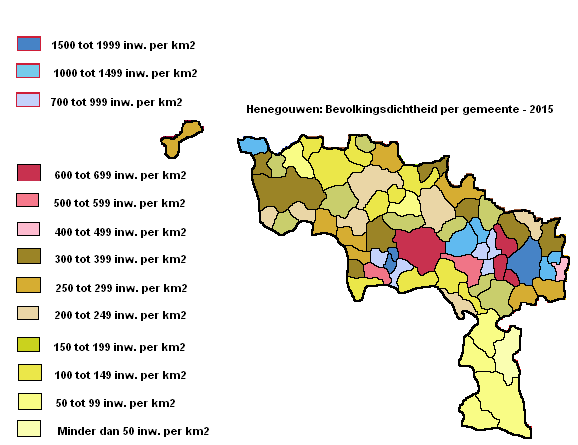 Provincie Henegouwen: Bevolkingsdichtheid per gemeente - 2015