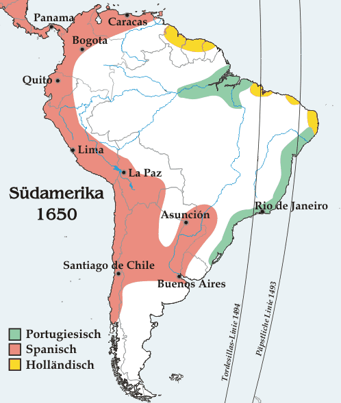 (a) The Tordesillas Line (1494) gave Portugal only the eastern corner of South America, but Portuguese settlers ignored it.