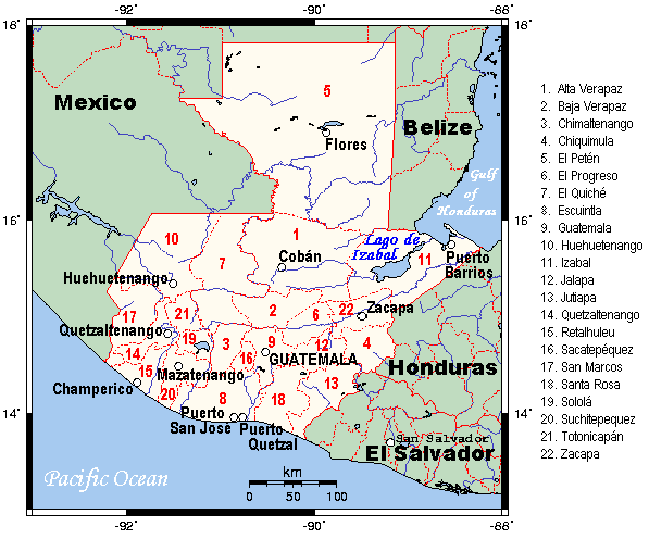 Map of Guatemala showing departments