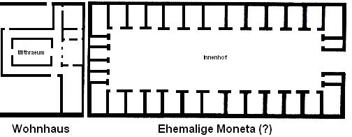 Plan du mithreaum (à gauche) et du bâtiment (hypothétique pour la partie droite, non dégagée).