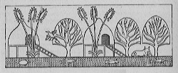 A landscape of Punt, showing several houses on stilts, two fruiting date palms, three myrrh trees, a bird (Hedydipna metallica), a cow, an unidentified fish and a turtle, in water which in the original was green to show that it is salt or tidal, in a sketch from the walls of the mortuary temple of Hatshepsut at Deir el-Bahri, depicting a royal expedition to Punt Punt houses.gif