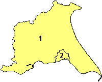 Outline map of the East Riding of Yorkshire with the borders of the City of Kingston upon Hull marked