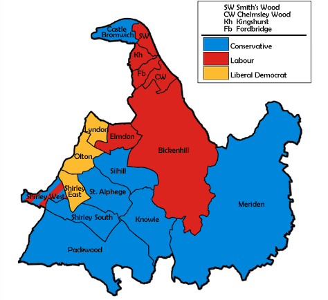 Map of the results for the 1998 Solihull council election. Solihull UK local election 1998 map.png