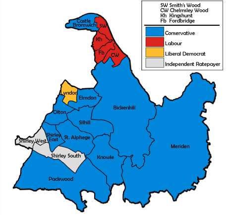 Map of the results for the 1992 Solihull council election. Solihull UK local election 1992 map.png