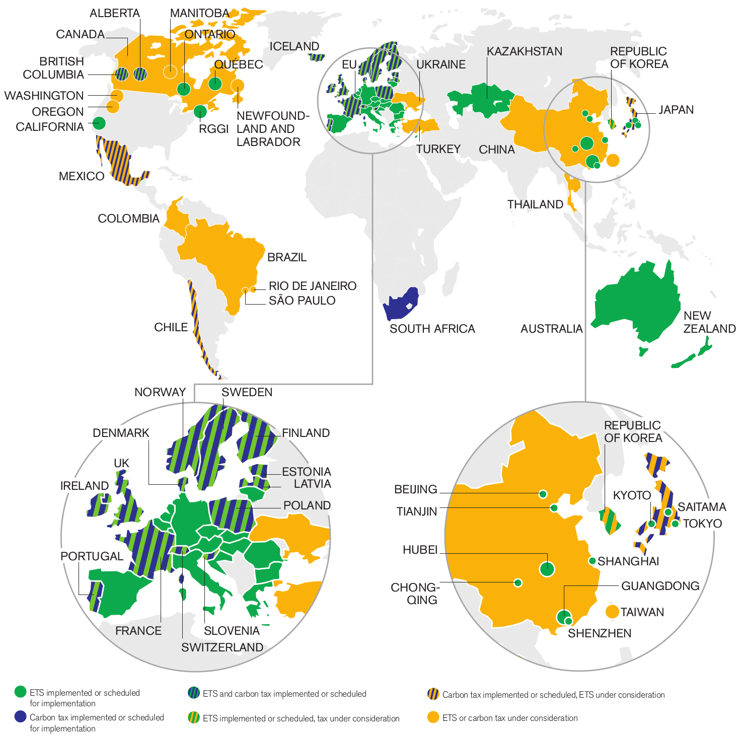 Mapa resumen de las iniciativas regionales, nacionales y subnacionales existentes, emergentes y potenciales de fijación de precios del carbono (ETS e impuestos).