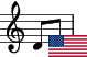 Notas musicais e bandeira americana.