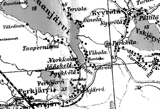 Деревни Норккола, Яаскеля, Пююккёля и Орола на финской карте 1923 года