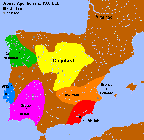 中期青銅時代伊比利亞（約公元前1500年）嘅主要文化、兩個主要城市同錫礦嘅位置。