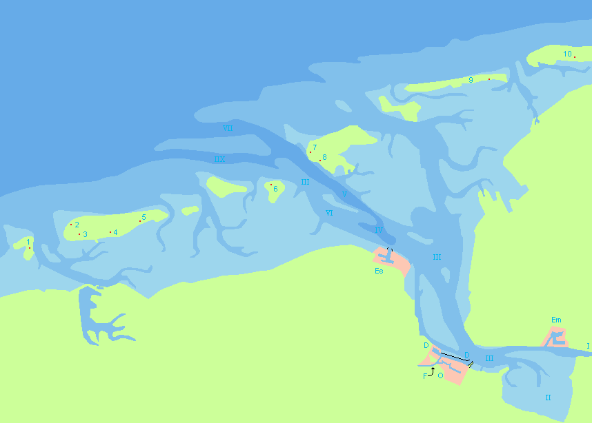 Kaart van de Eemsmonding met de havens van Delfzijl (D), Farmsumerhaven (F), Oosterhornhaven (O), Eemshaven (Ee) en de Haven van Emden (Em), samen met de 6 vuurtorens en 4 kapen van dit gebied. De waternamen zijn: I = Ems (Eems in Duitsland), II = Dollard, III = Eems, IV = Dukegat, V = Randzelgat (geul), VI = Oude Westereems (geul), VII = Westereems (geul), IIX = Huibertgat (geul).