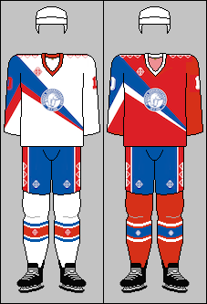 Landslagets hjemme- og bortedrakter som ble brukt under ishockey-VM fra 1990 til 1993.