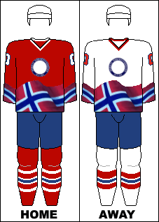 Landslagets hjemme- og bortedrakter som ble brukt under ishockey-VM fra 1996 til 1997.