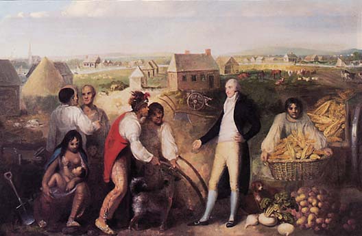 Benjamin Hawkins, seen here on his plantation, teaches Creek Native Americans how to use European technology. Painted in 1805.