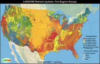 LANDFIRE (Landscape Fire and Resource Management Planning Tools), is a collaborative program between the U.S. Department of Agriculture and Department of the Interior that provides geospatial data on fire regime characteristics such as vegetation, habitat, carbon sources/sinks, fire, etc. The data is used to help map fire events and look at broad scale fire regime effects. LANDFIRE's Fire Regime Group Map.jpg