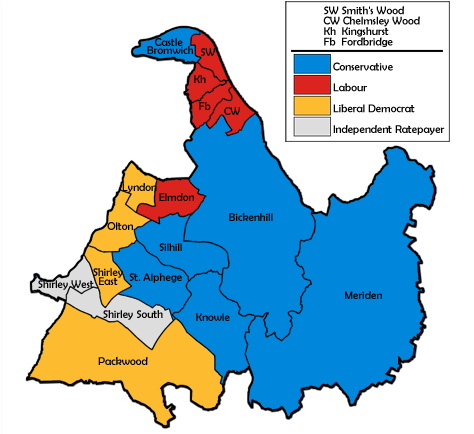 Map of the results for the 1996 Solihull council election. Solihull UK local election 1995 map.png