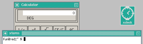 twm with xcalc and xterm, the xterm window being in focus. xclock is iconified. Twm-screenshot-20050401.png