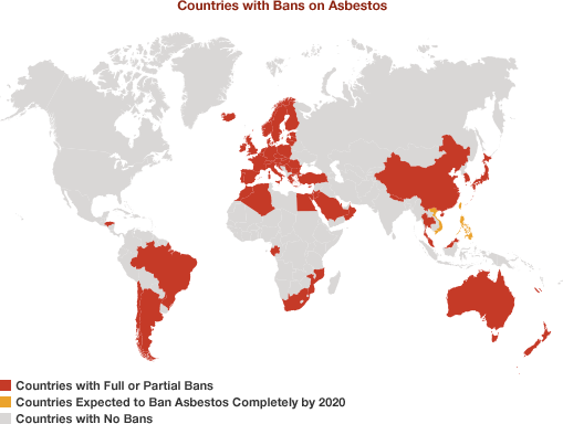 Mapa de Países com restrições ao uso de fibras de amianto