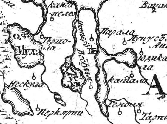 Деревня Нескула на русской карте 1745 года