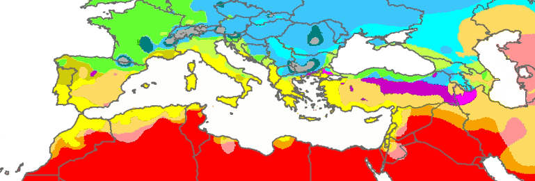 Mediterraneo itsasoarekin muga egiten duen eremuko klima-mapa.