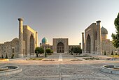 The Registan and its three madrasahs. From left to right: Ulugh Beg Madrasah (Timurid, built 1417–1421), Tilya-Kori Madrasah (built 1646–1660) and Sher-Dor Madrasah (built 1619–1636).