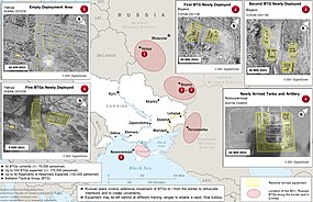 Zpravodajský odhad rozložení ruských sil u ukrajinských hranic počátkem prosince 2021