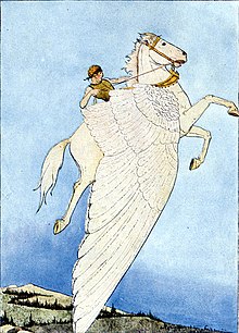 Quittant un paysage vallonné, un cheval ailé blanc s'élève dans les airs monté par un jeune homme aux cheveux et à l'habit doré qui le dirige par une bride elle aussi dorée.
