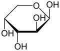 de: Struktur von beta-D-Arabinopyranose (Haworth-Schreibweise); en: Structure of beta-D-arabinopyranose (Haworth projection)