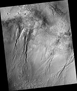 Group of gullies, as seen by HiRISE under the HiWish program. Location is Thaumasia quadrangle.