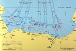 Map of the invasion area: Gold, Juno and Sword Beaches are in the eastern half of the landing area, with Ver-sur-Mer marked at junction of Gold Beach and Juno Beach, near the centre of the map