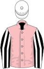 Pink, black and white striped sleeves, white cap
