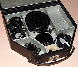 Dictograph Acousticon Silver Anniversary Model 28 carbon hearing aid and case, 1928