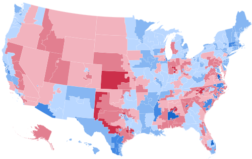 Results by congressional district, shaded according to winning candidate's percentage of the vote.