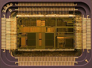 Intel 80486DX2 die in its packaging. The actual size of the die is 6.75 mm.