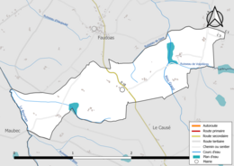 Carte en couleur présentant le réseau hydrographique de la commune