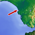 The arrow points to the mouth of the Guadalquivir river delta and Sanlúcar de Barrameda, where Ferdinand Magellan stayed in 1519.