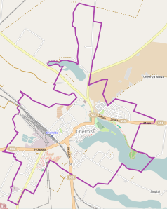 Mapa konturowa Chełmży, blisko centrum na dole znajduje się punkt z opisem „Konkatedra Świętej Trójcy w Chełmży”