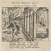 Jupiter verandert koning Lycaon in een wolf Ovidii Metam. Lib. I Lycaon in Lupum VIII (titel op object) Scènes uit het eerste boek van Ovidius' Metamorphosen (serietitel) Metamorphoseos liber primus (..) (serietitel), RP-P-OB-24.915.jpg