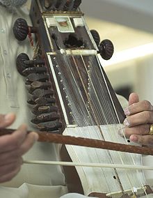 Detail of a sarangi, showing its sympathetic strings under three playing strings Sarangi close-up crop.jpg