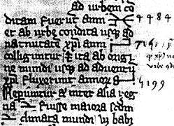 A fourteenth-century Norman manuscript that used only Cistercian numerals. These were horizontal to fit the flow of the text. Note the round form of the digit 9. Numbers were later retranscribed with Hindu-Arabic digits in the margin notes: here we see 4,484, 715 and 5,199.