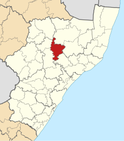 Kaart van Suid-Afrika wat Nquthu in KwaZulu-Natal aandui