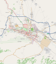 Mapa konturowa Skopje, w centrum znajduje się punkt z opisem „MRT Center”