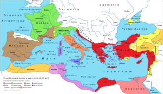 Carte de l'Europe. Espagne et Provence à Lépide. Reste de la France et plaine du Pô à Antoine. Italie indivice. Sicile à Pompée. Corse, Sardaigne, Tunisie et Libye à Octavien. Orient romain aux Républicains. Égypte, Maghreb, Palestine et Anatolie orientale clientes de Rome.