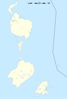 Mapa konturowa Saint-Pierre i Miquelon, blisko dolnej krawiędzi nieco na prawo znajduje się punkt z opisem „Saint-Pierre”