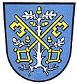 Markt Hartkirchen In Blau eine bewurzelte silberne Eiche mit fünf goldenen Eicheln, belegt mit zwei schräg gekreuzten goldenen Schlüsseln.[11]